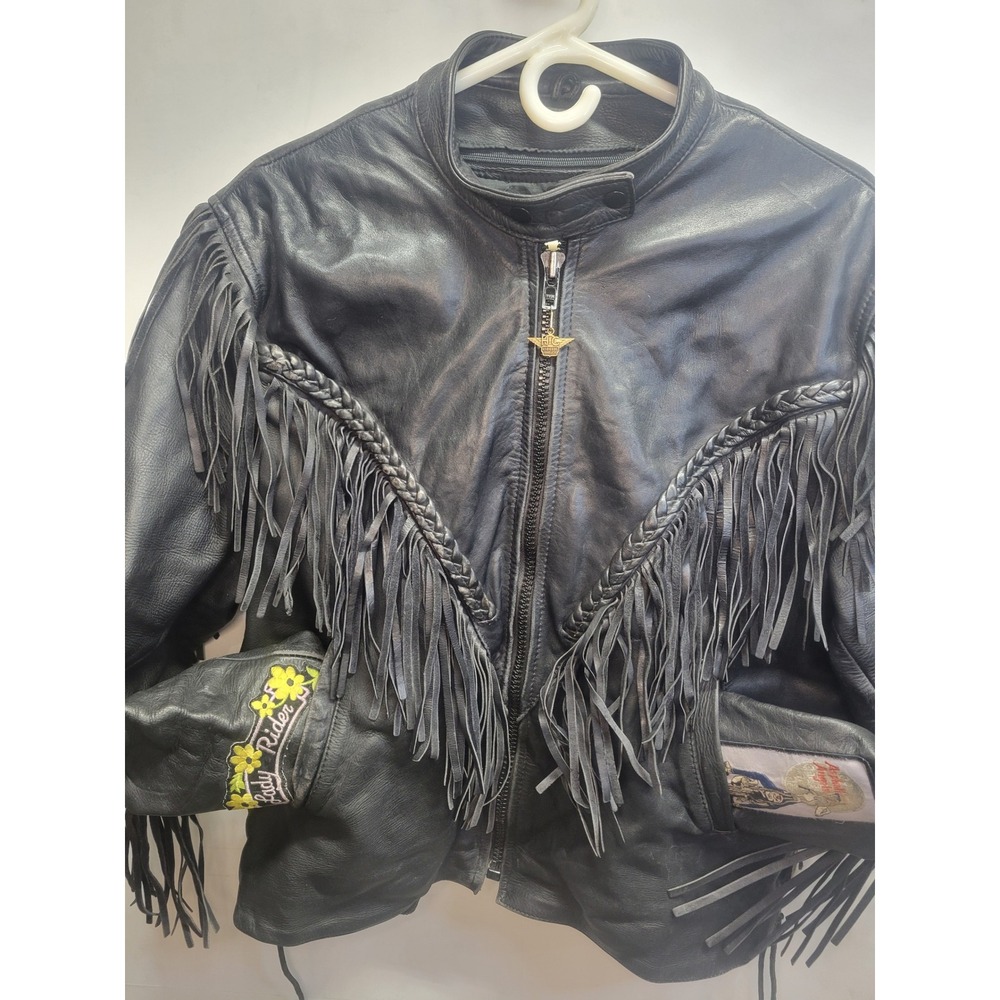 Vtg First genuine leather grunge jacket fringe braided‎ motorcycle biker  sz m
